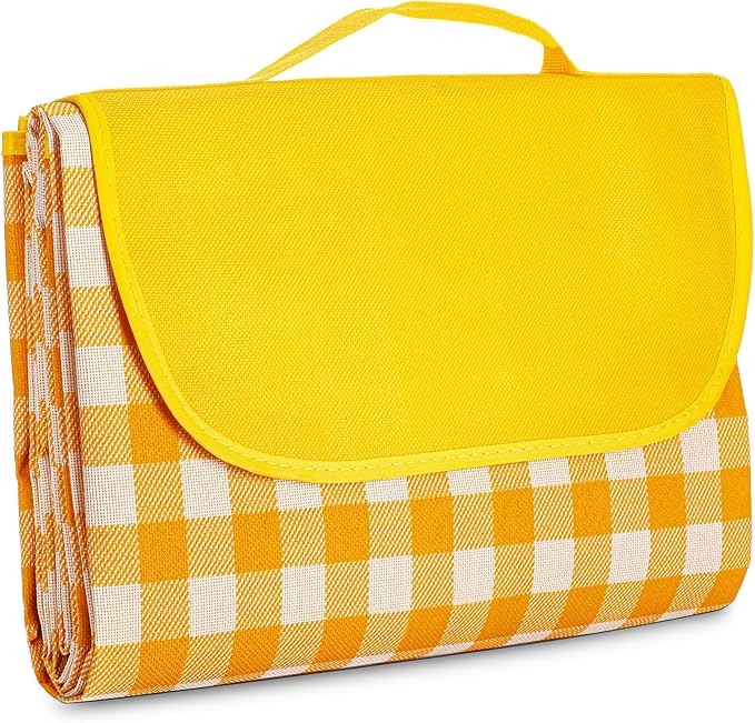 Large Picnic Blankets Waterproof Foldable Yellow Gingham Mat Tote bag for Outdoor Park Beach Camping Travel (80x80 inch)