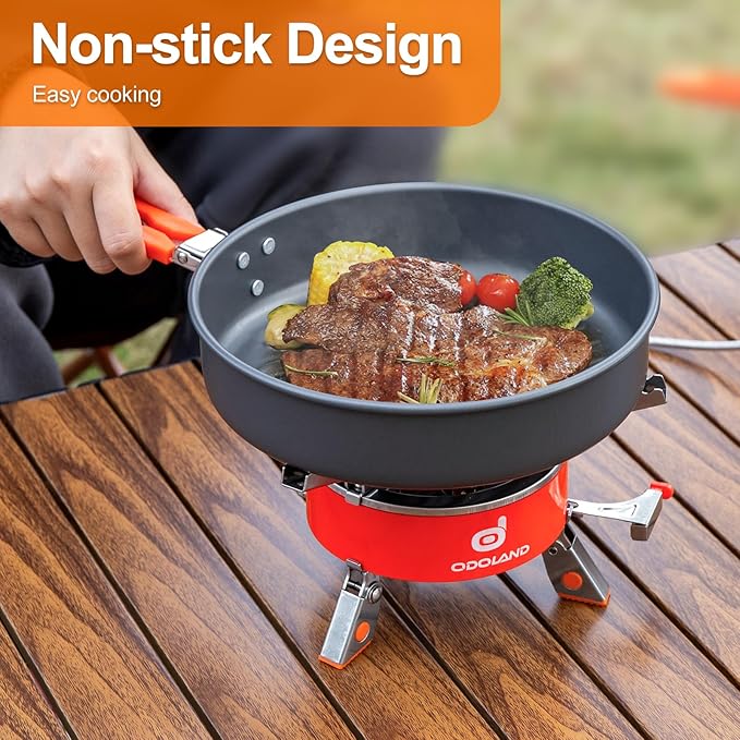 Odoland Camping Cookware Mess Kit, Camping Cooking Pot Fry Pan and 1.1L Kettle Set, Portable Camping Cookware Set with Mesh Bag for Camping, Backpacking, Outdoor Cooking and Picnic