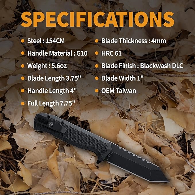 Off-Grid Knives - Viper V2 with154CM Steel Tanto Blade, Grippy G10 Scales, Left or Right Deep Carry Clip, Ceramic Ball Bearings (Blackwash)