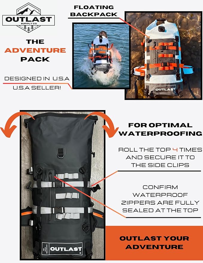 Waterproof Backpack 40L Roll Top Enclosure Dry Bag Fishing Backpack, Hiking,Camping Adventure Ready (Black)