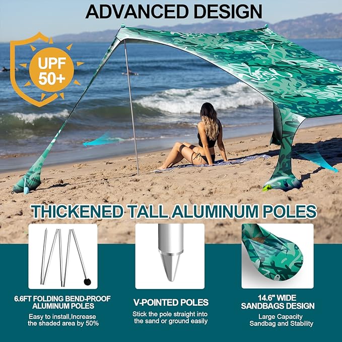 Buheco Beach Tent Pop Up Shade 10x10ft Beach Canopy Sun Shelter UPF50+ with 4 Foldable Poles-Portable Carrying Bag-Sand Shovel-Ground Pegs-Windproof Ropes for Outdoor Family Camping-Fishing- Picnic