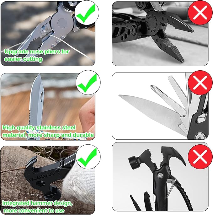 Multitool Hammer Folding Survival Tool: 14 in 1 All One Multi Mini Small Gadget - Camping Hiking Car Multifunctional Stainless Pliers Knife For Men Dad Cool Gifts