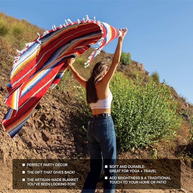 Premium Mexican Blanket, Authentic Hand Woven Falsa Blanket & Yoga Blanket | Made by Traditional Mexican Artisans, Perfect Saddle Blanket, Beach Blanket, Picnic Blanket, Car Blanket, Outdoor Blanket
