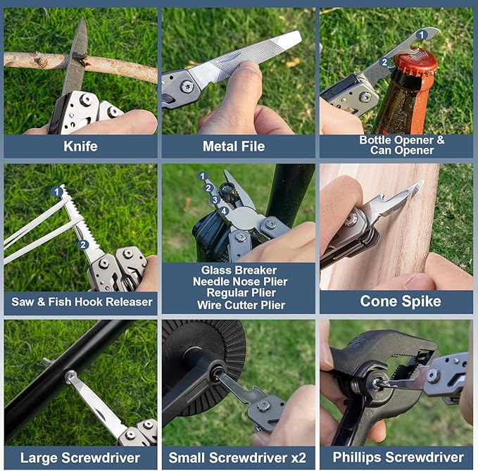 Self Locking Multitool Plier, 15 in 1 Handmade Multi Tool Plier with Nylon Sheath, Spring Inside Multi-tool, Birthday Christmas Father's Day Gift for Men Women Him Her Husband Boyfriend