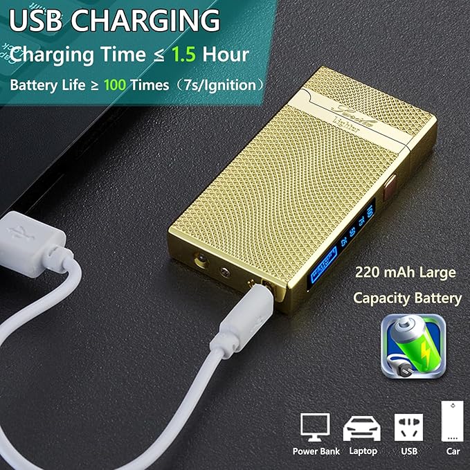 Electric Lighter for Men, Windproof Dual Arc Flameless Lighter, Plasma Lighter Rechargeable for BBQ, Outdoor Adventures (Gold)