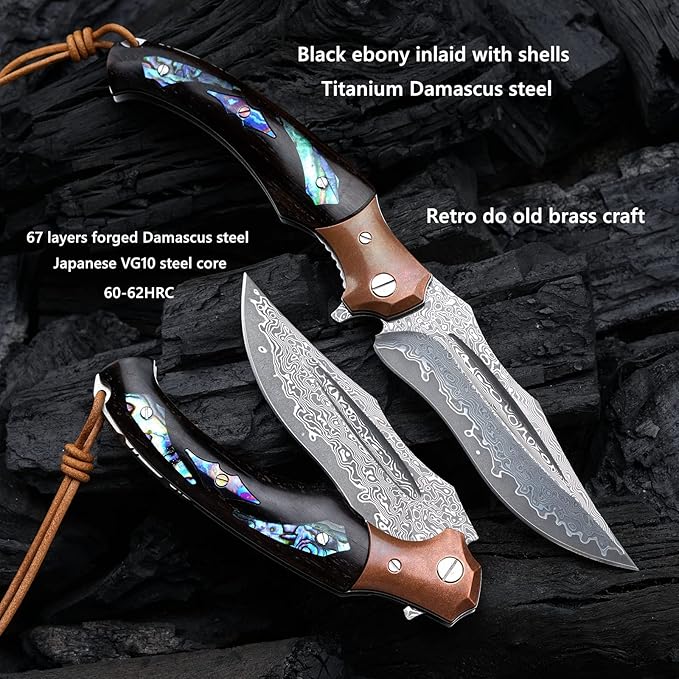 handmade japanese vg10 damascus steel folding knife with ebony lined lock handle, 5.5 "with leather sheath, edc pocket knife, men's outdoor camping fishing