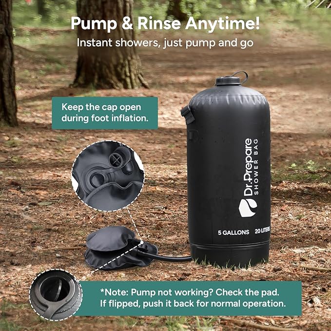 DR.PREPARE Camping Shower, 4 Gallons/5 Gallons Portable Camp Shower with Foot Pump, Dual Shower Options, Large Water Inlet, Portable Outdoor Shower for Camping, Beach, Hiking, Climbing
