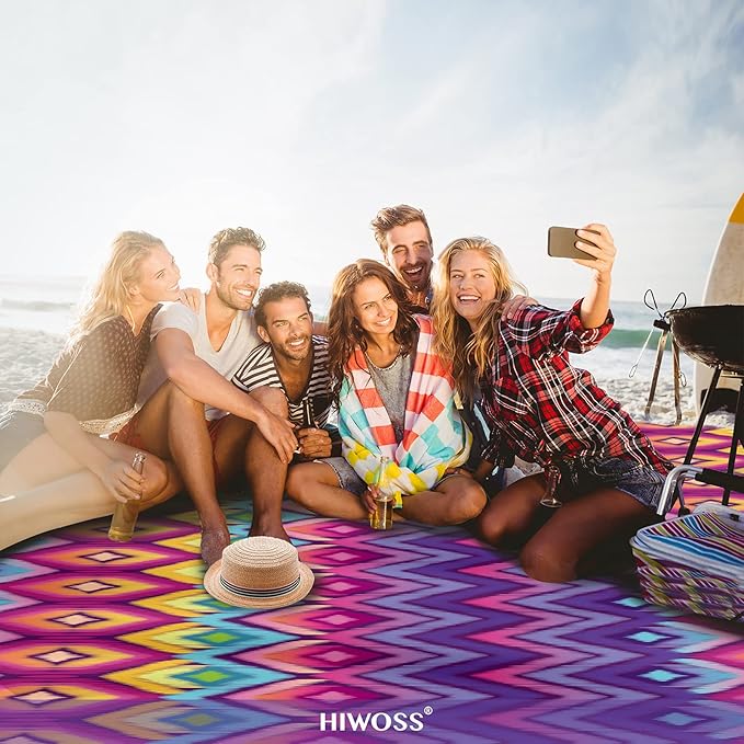 Beach Blanket Waterproof Sandproof Oversized 95”x 80”,Sand Free Beach Mat with Corner Pockets,Portable Mesh Bag for Beach Festival,Picnic,Travel and Outdoor Camping (Neon)