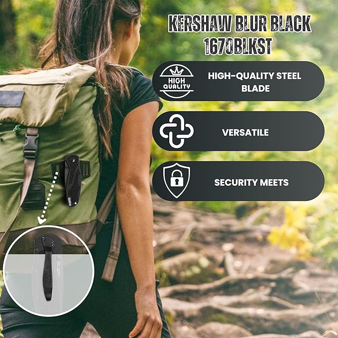 Worldwide Nutrition Bundle: Kershaw Blur Black Serrated Folding Knife - 3.4” 14C28N Steel Blade, Reversible Pocket Clip, EDC - All-Black Body with Trac-Tec Grip - 3.9OZ Pocket Knife for Men