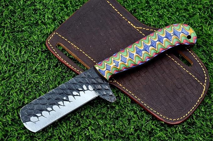 Carbon steel blade Bull cutter knife, 8.5 inches long knife with Leather sheath, Multi color Micarta scale Jigged with sturls, Embossed carbon steel blade