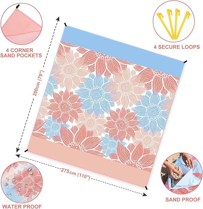 Beach Blanket Sandproof Extra Large Beach Mat Adults Waterproof Quick Drying Sand Free Mat Made by Premium Polyester with 4 Stakes & 4 Corner Pockets for Outdoor Travel Camping Hiking