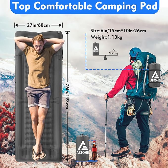 Camping Sleeping Pads,Extra Thick 5 Inch Inflatable Sleeping Mat with Pillow Built-in Pump,Oversized Mattress Super Portable Backpacking Sleeping Pad (Grey-Single)