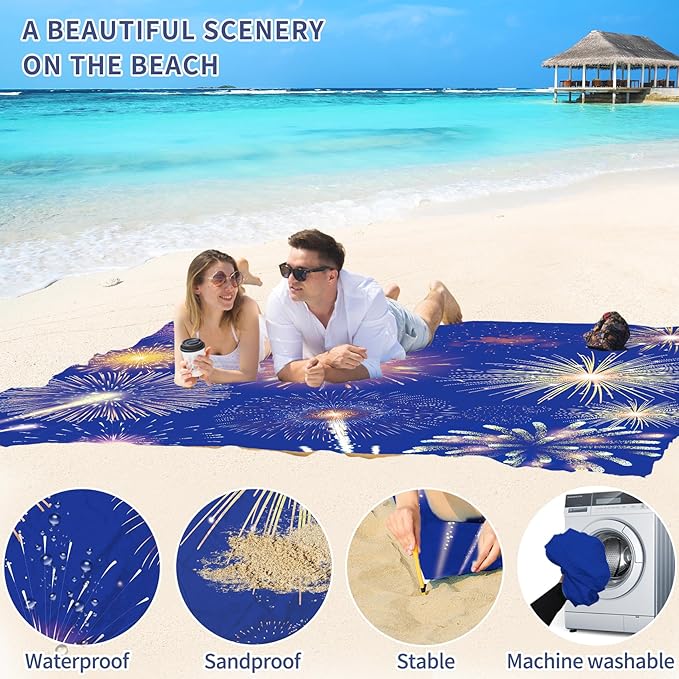 BYDOLL Beach Blanket Sandproof Waterproof Firework 78''×81''1-4 Adults Compact Lightweight Oversized Beach Blanket Large Picnic Mat Beach Blanket for Travel Camping Hiking Picnic