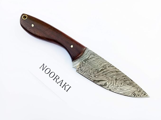 Nooraki HK-78 Handmade Damascus Skinner Hunting Knife 224 Layers with Leather Sheath Full Tang (8 Inches, Rosewood Handle)