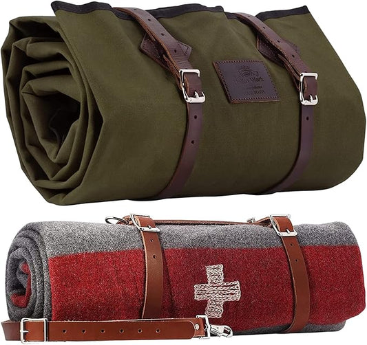 1844 Helko Werk Germany Waxed Canvas Bedroll & Swiss Army Blanket Bundle - Camping Bedroll with Leather Straps and Zipper - Waterproof Portable Bed (Blanket + Bedroll Forest Green) #F8761FGB