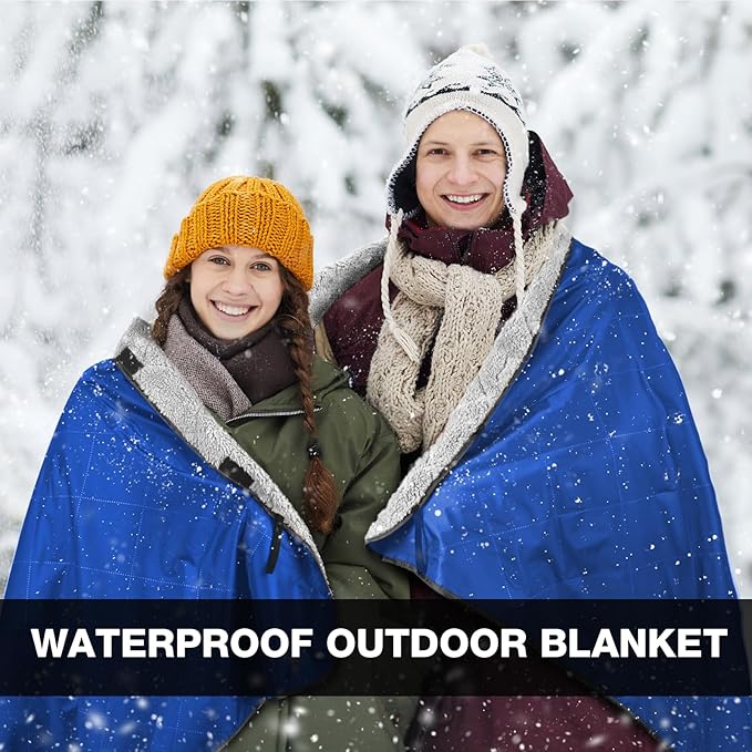 DUKUSEEK Sherpa Waterproof Outdoor Blanket, Large Sherpa Hooded Stadium Blankets for Cold Weather, Portable Wearable Camping Blankets for Concerts, Grass, Car, Boat, Pets, Sporting Events,79x59