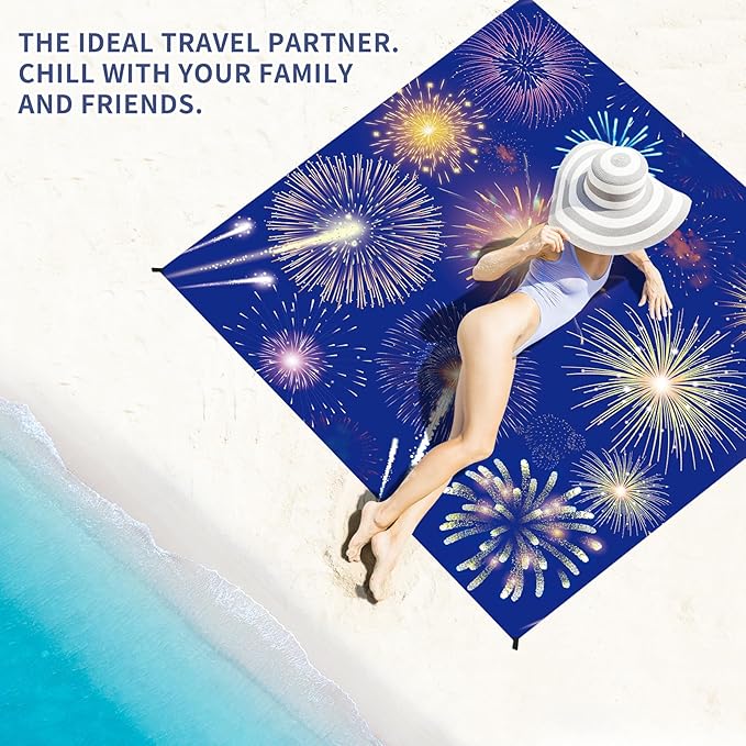 BYDOLL Beach Blanket Sandproof Waterproof Firework 78''×81''1-4 Adults Compact Lightweight Oversized Beach Blanket Large Picnic Mat Beach Blanket for Travel Camping Hiking Picnic