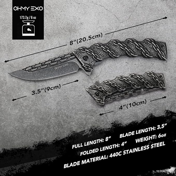 Stainless Steel Pocket Folding Knife with A Sculpted Chain Handle - Safety Liner Lock, Pocket Belt Clip Knife - Portable Tactical Utility Knives for Men Great for EDC, Camping, Fishing & More