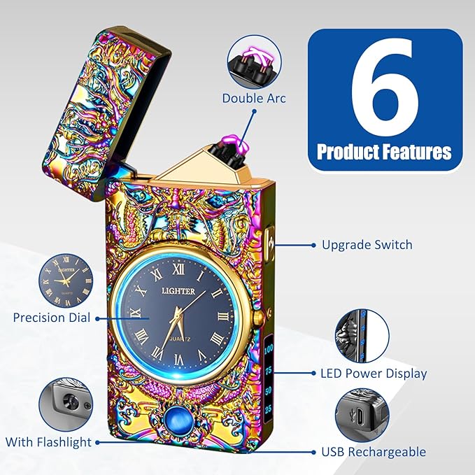 Cool Lighter with Clock Dial Electric Lighter with LED Power Display Plasma Lighter Windproof USB Rechargeable Lighter Gifts for Men Women(ColorsDragon)