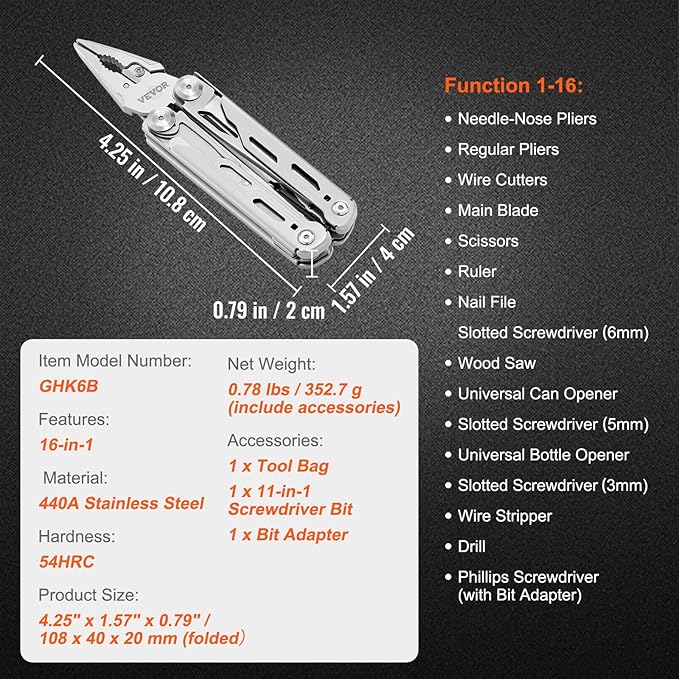 VEVOR 28-in-1 Multitool Pliers,Stainless Steel Multi Tool Pocket K-nife,Self-locking Multitool Pliers with Sheath & Replaceable Screwdrivers Bits -Perfect for Outdoor Survival, Camping, Hiking