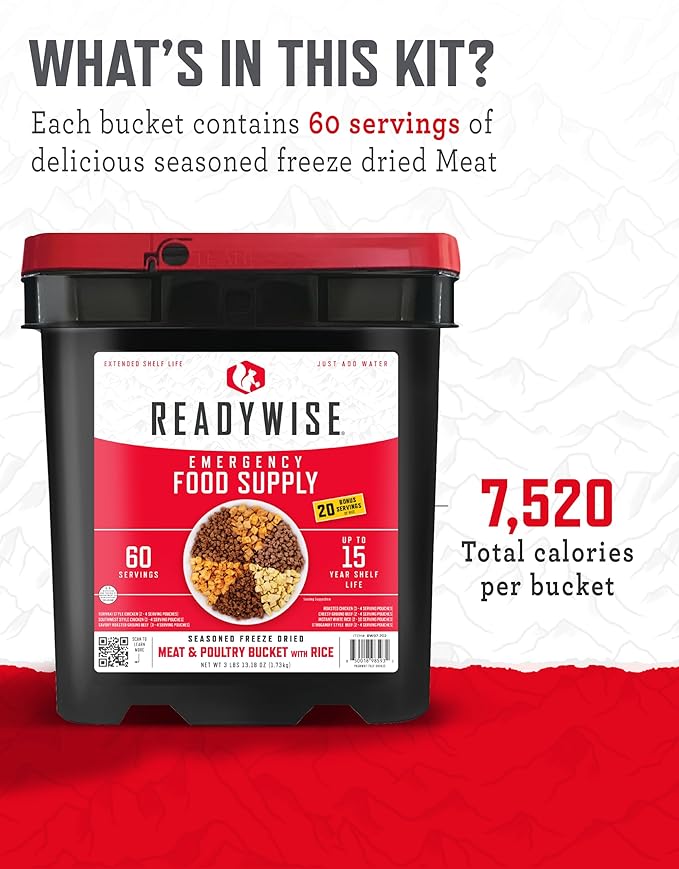 READYWISE - Meat Variety Bucket, 60 Servings, Emergency, MRE Meal Food Supply, Premade, Freeze Dried Survival Food for Hiking, Adventure & Camping Essentials, Individually Packaged, 15 Year Shelf Life