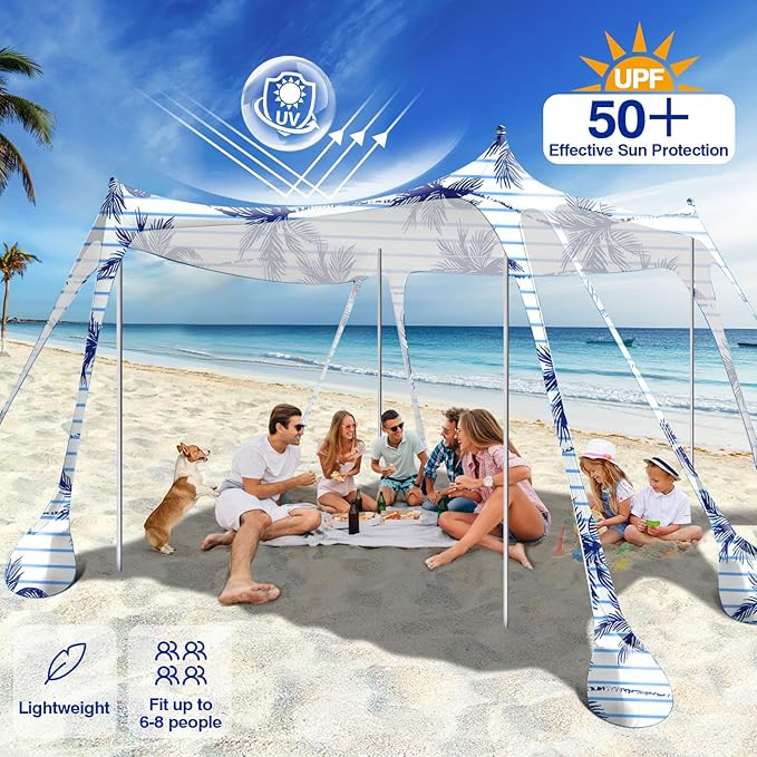 Rhino Valley Beach Tent Sun Shelter, Beach Canopy Tent Sun Shade UPF50+ Protection with 8 Sandbags 4 Stability Poles, Outdoor Beach Shade Canopy for Beach, Camping, Fishing