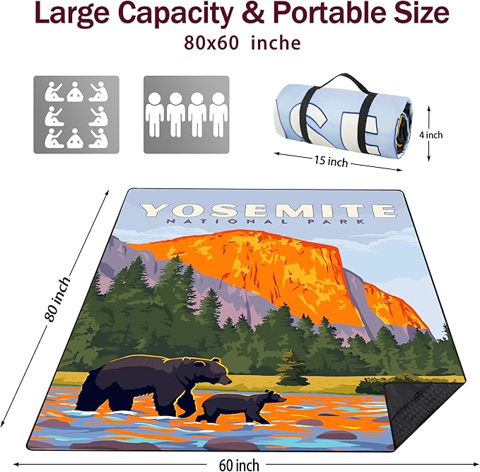 Picnic Blankets Beach Blanket 80" X 60" Extra Large Waterproof Camping Blankets Portable Outdoor Mat 3-Layer blanket for Beach, Hiking, Park, Music Festival, Grass Lawn,Travel