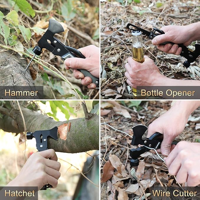 Multitool Camping Accessories Gifts for Men Dad, 18 in 1 Survival Compact Hatchet Multi Tools with Knife Axe Hammer Saw Screwdrivers Pliers Bottle Opener for Hunting Hiking Fishing