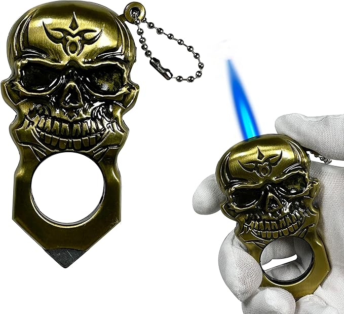 Creative Cool Skull Butane Torch Lighter, Waterproof Windproof Lighter, Refillable Lighters for Fireplace Candle Camping BBQ (Without Gas) (Gold)