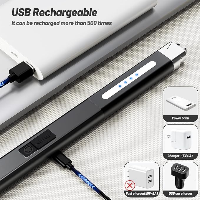 VEHHE Electric Lighter, Windproof & Flameless Candle Lighter Rechargeable USB, Arc Lighter with LED Display and Safe Button,Lighters for Candle BBQ Camping-Black
