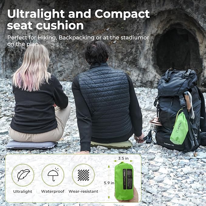ATEPA Inflatable Seat Cushion Lightweight Self-Inflatable Memory Foam Seat Cushion for Stadium Airplane Trevel, Waterproof Portable Seat Cushion for Backpacking Camping Chair Pad, Llight Green