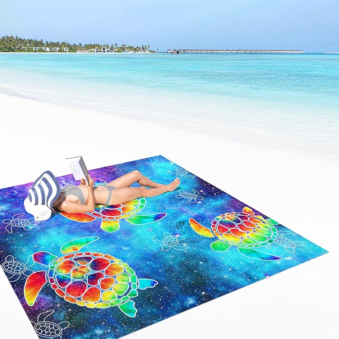 78''×86'' Large Beach Blanket 4 Adults, Sand Free Waterproof Outdoor Beach Mat with 4 Stakes & 4 Pockets, Polyester Lightweight Foldable Picnic Blanket for Travel, Camping, Hiking - Galactic Turtles