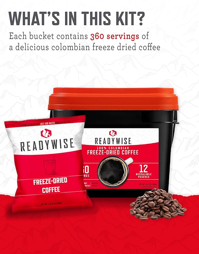 READYWISE - Freeze-dried Coffee Bucket, 360 Servings, Emergency, MRE Meal & Drink Supply, Premade, Freeze Dried Survival Drink for Hiking, Adventure and Camping Essentials, Individually Packaged, 12 Resealable Pouches