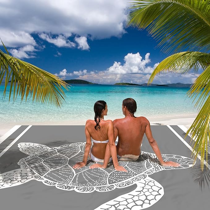Waterproof Sand Free Beach Mat, 78”x 86” Large Sandproof Beach Blanket w/ 4 Stakes & Pockets, Easy to Clean Quick Drying Big Compact Beach Accessories for Outdoor, Picnic, Camping - Gray Sea Turtle