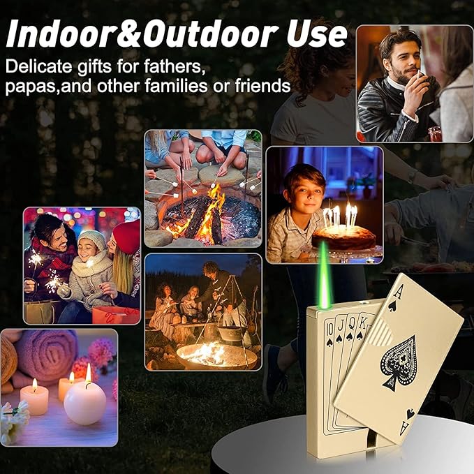 Jet Torch Lighter, Ace Card Green Flame Lighter, Metal Poker Design Windproof Refillable Butane Cool Lighter, Outdoor, Indoor, Camping, BBQ, Candle, Birthday, Gift for Men/Women (Without Gas)