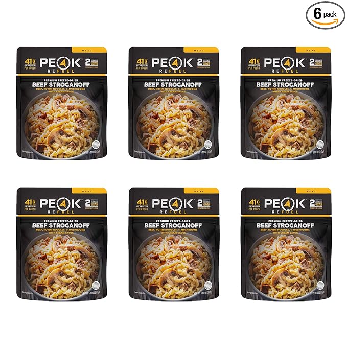 Peak Refuel Beef Stroganoff | Freeze Dried Backpacking and Camping Food | Amazing Taste | High Protein | Real Meat | Quick Prep (6-Pack)