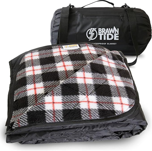 BRAWNTIDE Large Outdoor Waterproof Blanket - Quilted, Extra Thick Fleece, Warm, Windproof, Sandproof, Includes Stuff Sack, Shoulder Strap, Ideal for Beaches, Picnics, Camping, Stadiums, Dogs, Car