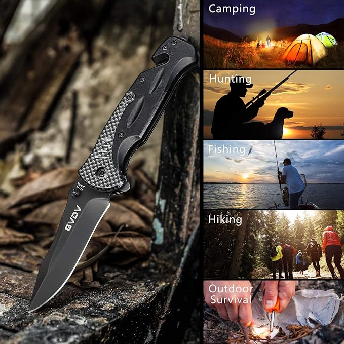 GVDV Utility Pocket Knife with 7Cr17 Stainless Steel - Folding Knife for EDC Outdoor Camping Hunting, Seatbelt Cutter, Glass Breaker for Emergencies, Black