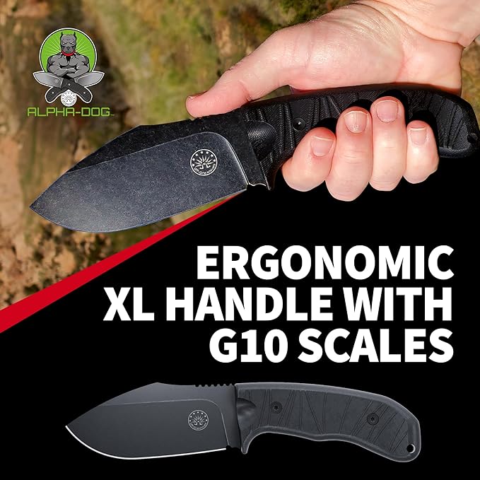 Off-Grid Knives - Alpha-Dog Heavy Duty Fixed Blade Knife, 5mm Thick Cryogenic D2 Blade Steel, Full Tang, G10 Scales, XL Handle