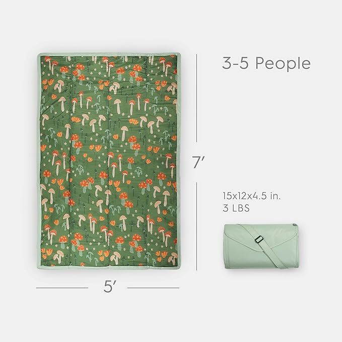 Little Unicorn Outdoor Family Picnic & Beach Blanket, Water-Resistant, Compact Fold, Large Size, 5 x 7 feet, (Woodland Mushroom)