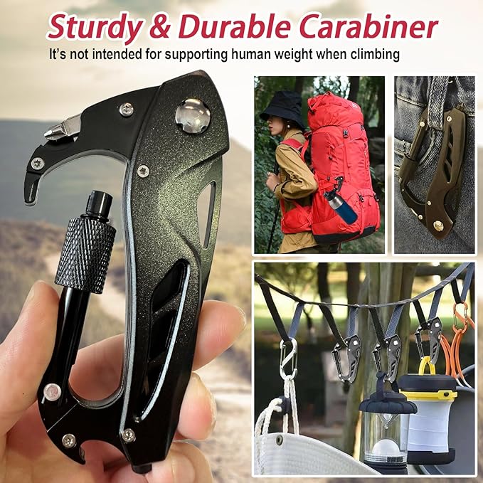 Carabiner with Knife, Multitool Carabiner Pocket Knife, Folding Sharp Knives, Sturdy Handy Tool, Belt Cutter, Bottle Opener, Window Breaker, Screwdriver, for Safety in Car, Camping, Hiking