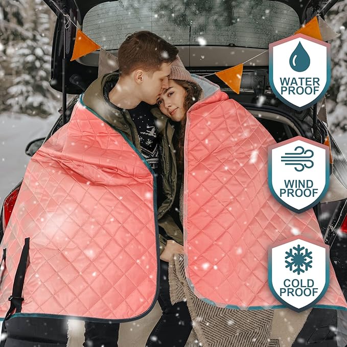 Hooded Outdoor Blanket, Extra Large 82" x 55" Waterproof Camping Blanket, Quilted, Thick Fleece, Warm, Windproof, Sand Proof, Portable and Wear-Resistant, Perfect for Stadium, Picnic, Camping