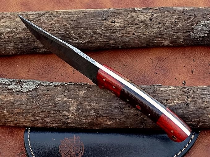 GLADIUS CRAFTS" 9 Inch Handmade Damascus Skinner Knife with leather sheath - EDC Full tang fixed blade with RoseWood handle - Ideal for Camping, Hunting & Skinning, and Bushcraft