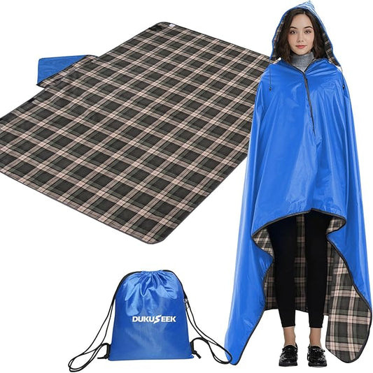 DUKUSEEK Outdoor Stadium Blankets with Hood, Fleece Blankets, Quilted, Extra Thick Fleece, Warm, Windproof, Sandproof, Includes Stuff Sack, Shoulder Strap, Large, 79"x 59"
