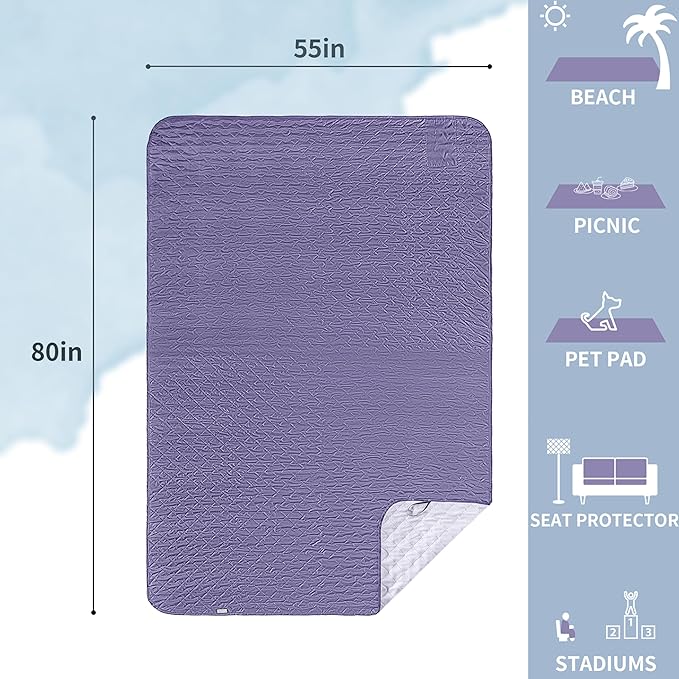 Mellowdy Easy-Carry Outdoor Blanket - Waterproof, Windproof, Warm, Utility Blanket for Camping, Picnic, Stadium, Beach, Gameday, Travel, Foldable with Carrying Bag (Lilac Purple,55x80 inch)