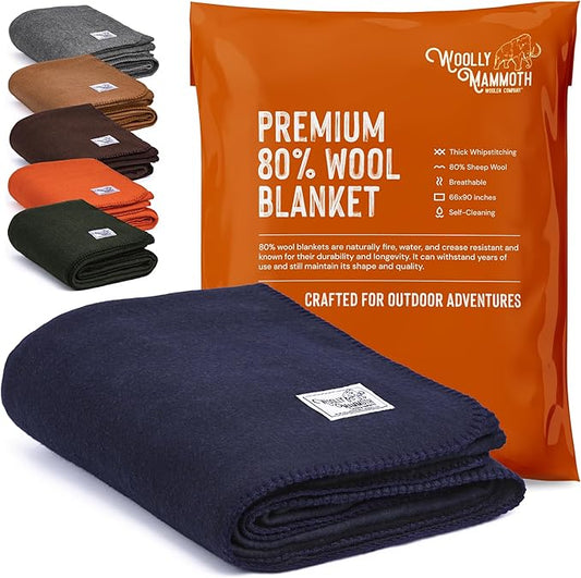 Woolly Mammoth Merino Wool Blanket - Large 66" x 90", 4LBS Camp Blanket | Throw for the Cabin, Cold Weather, Emergency, Dog Camping Gear, Hiking, Survival, Army, Outside, Outdoors – Navy Blue
