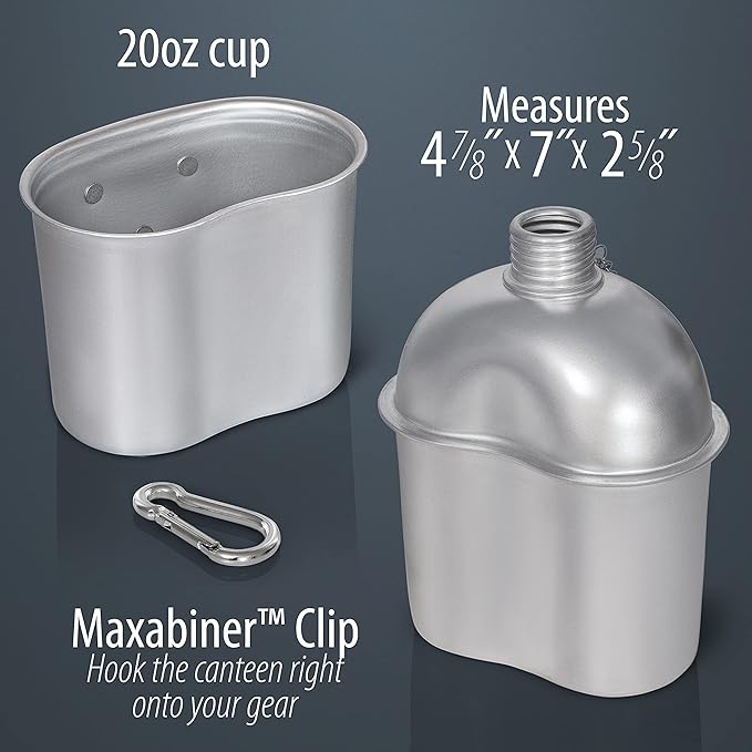 Maxam 32 Ounce Aluminum Military Canteen with Cup & Cover - Stainless Steel Water Bottle for Hiking, Camping, Backpacking