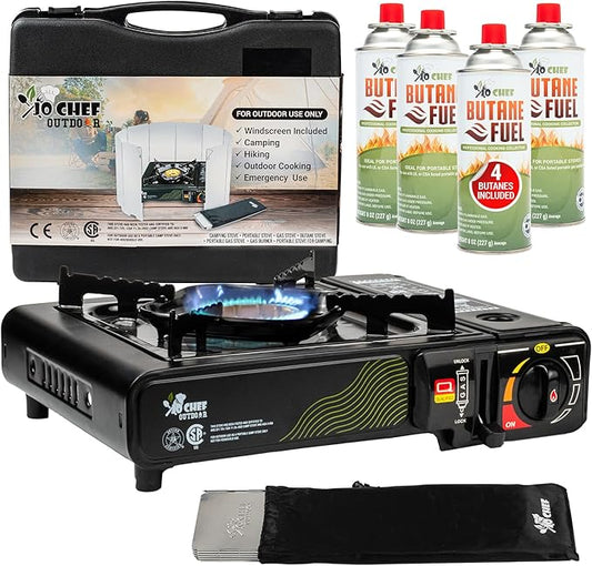 Jo Chef Butane Camping Stove - 9,500 BTU Portable Gas Stove - Ideal for Camping/Road Trips, Outdoor camp Stove Includes Windshield, CSA Certified, Brass Burner Fast Heat Up Time