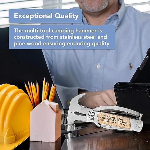Multitool Camping Hammer for Men - Multi Purpose Gifts for Grandpa with Engraved Sentiments and Carrying Case - Stainless Steel and Pine Wood - Perfect for Camping Trips and Home Project