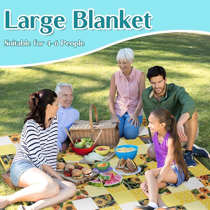 Sunflower Bee Picnic Blanket Waterproof Foldable Extra Large Picnic Mat Beach Blanket 60"x80" for Camping Beach Hiking Patio Party Outdoor Decor Gifts